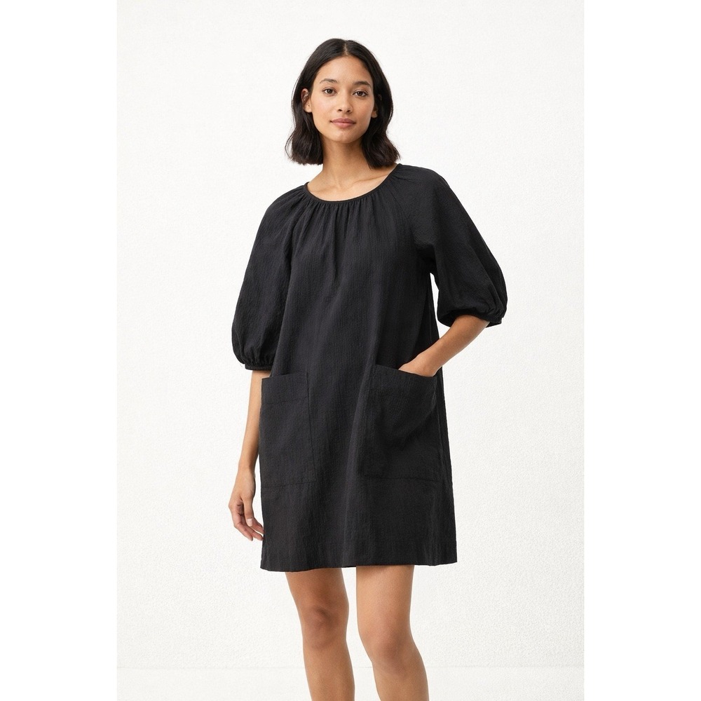 Everlane Puff Sleeve Shift Dress Black Organic Cotton Seersucker Pockets